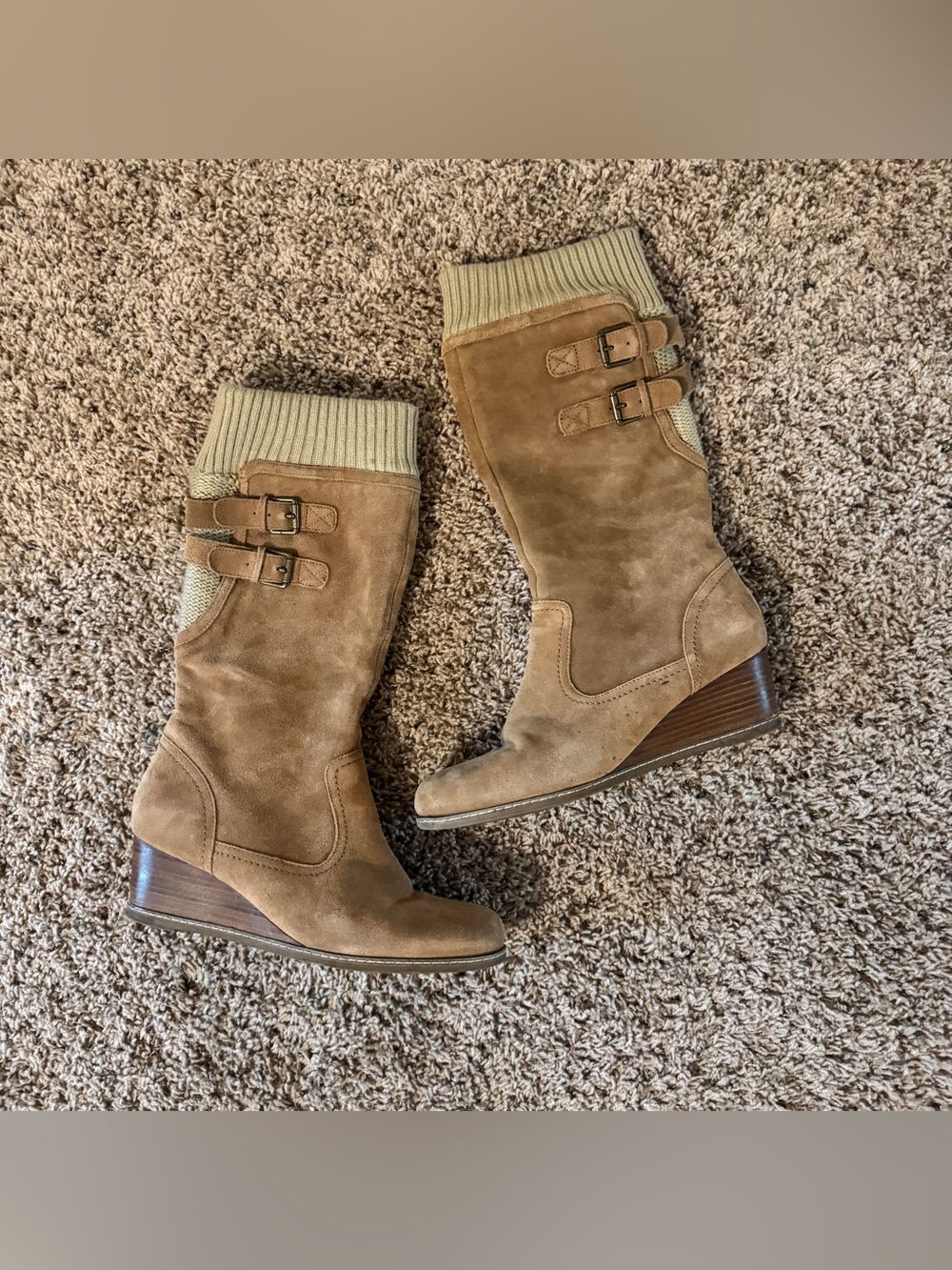 Beige Suede Wedge Boots